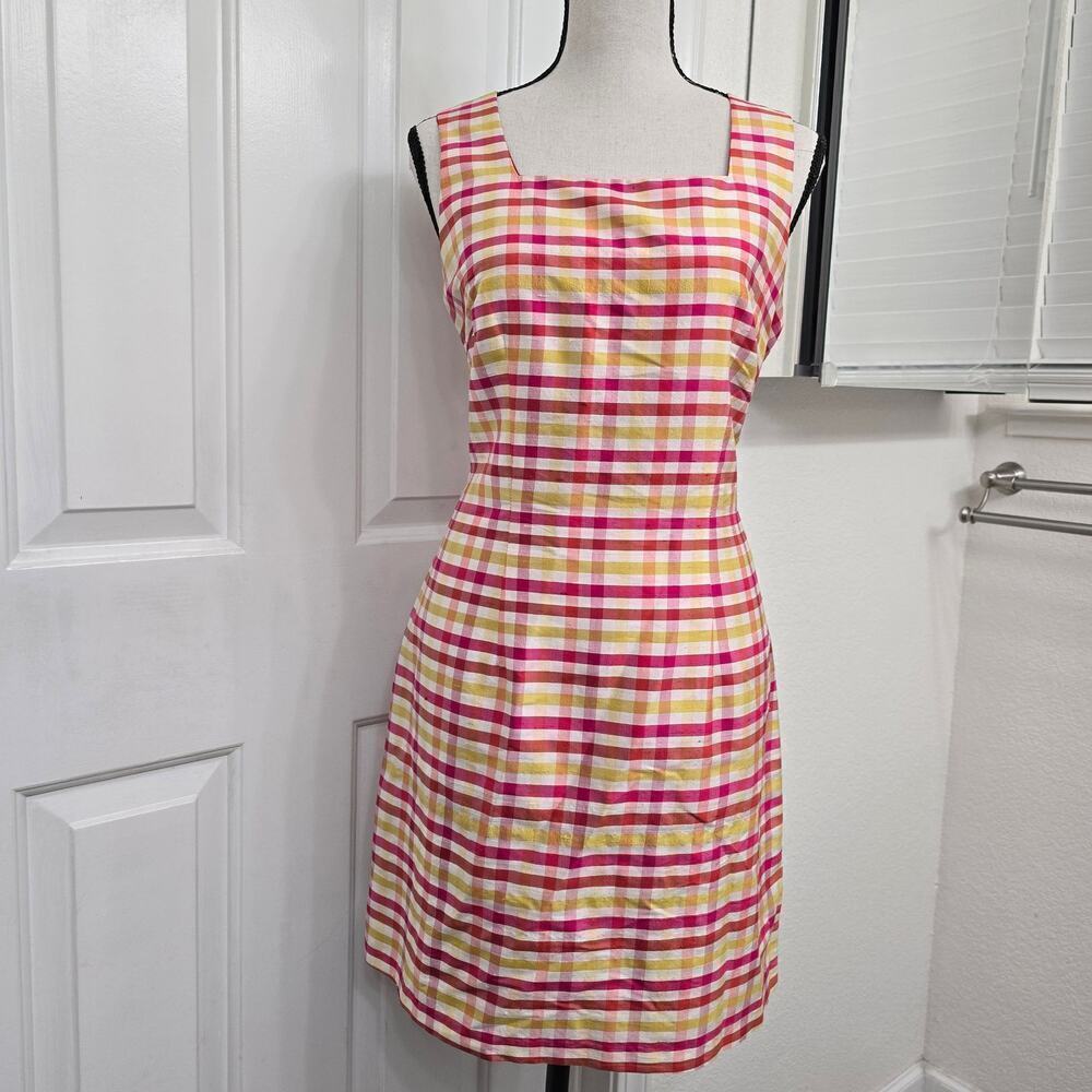 Vintage Y2K Ginnem 100% Silk Mini Dress Square Neckline Sleeveless 8 plaid pink